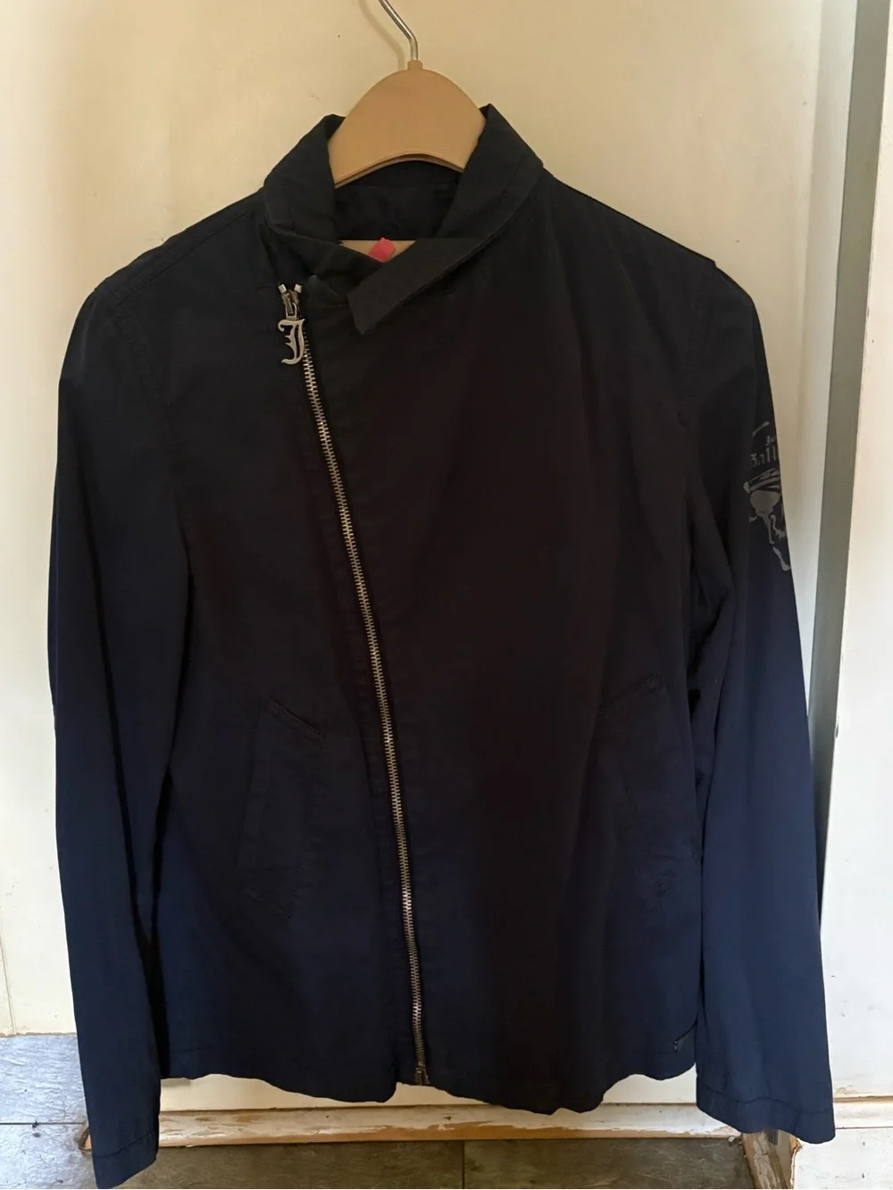 John Galliano Kid Navy asymmetrical zip jacket Pirate scull log size12 Designer
